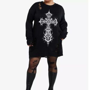 Cosmic Aura Gothic Cross Distressed Sweater Dress Long Sleeve Black Plus Size 3X